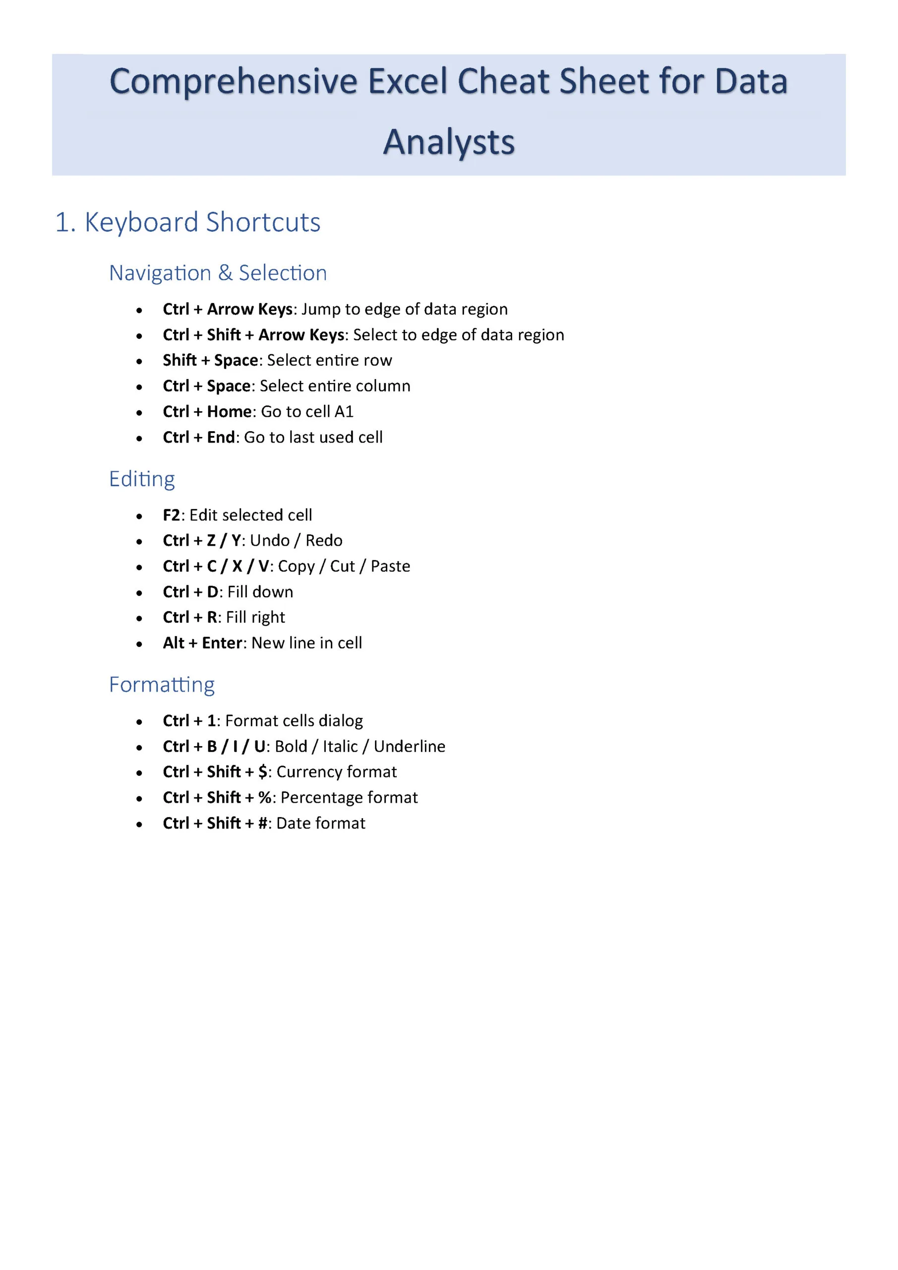 Excel cheatsheet for data analysis
